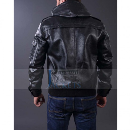 Justin Bieber Hooded Black Bomber Leather Jacket