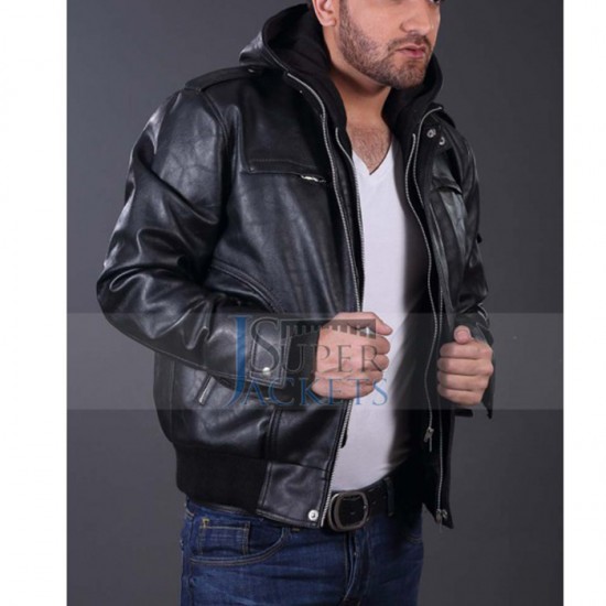 Justin Bieber Hooded Black Bomber Leather Jacket