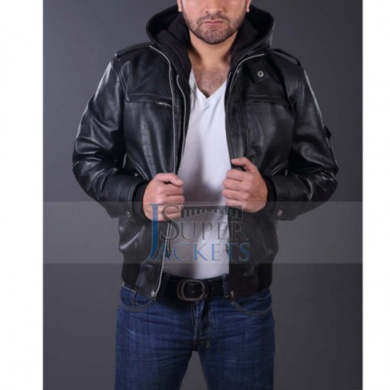 Justin Bieber Hooded Black Bomber Leather Jacket