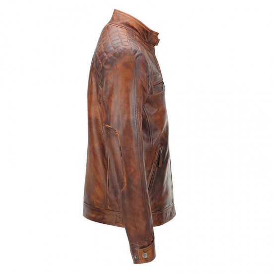 Classic Diamond Cafe Racer Tan Brown Waxed Leather Jacket