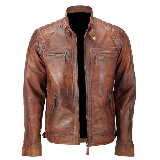 Classic Diamond Cafe Racer Tan Brown Waxed Leather Jacket
