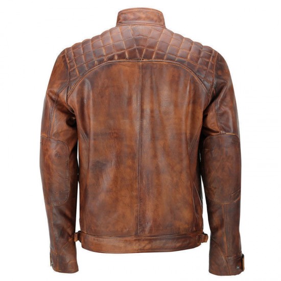 Classic Diamond Cafe Racer Tan Brown Waxed Leather Jacket