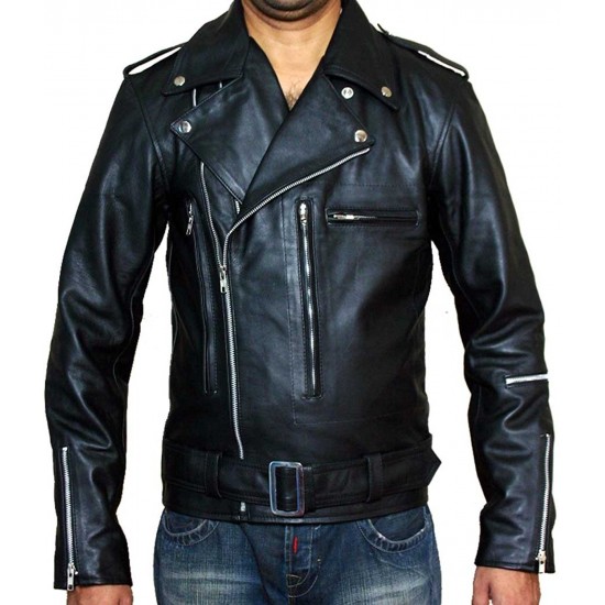 Terminator 2 Black Brando Motorcycle Men's Rider Leather Jacket