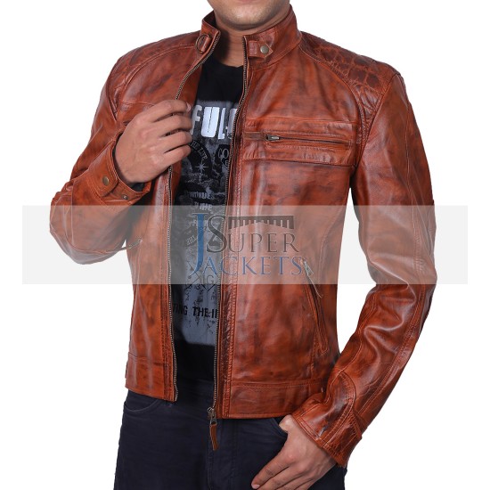Classic Diamond Tan Cafe Racer Waxed Brown Rider Leather Jacket