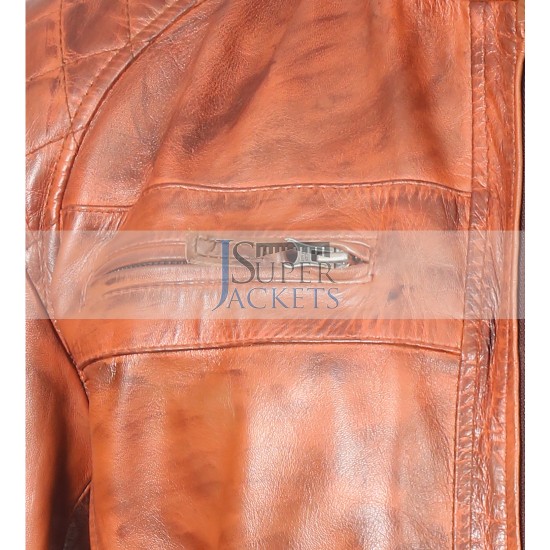 Classic Diamond Tan Cafe Racer Waxed Brown Rider Leather Jacket