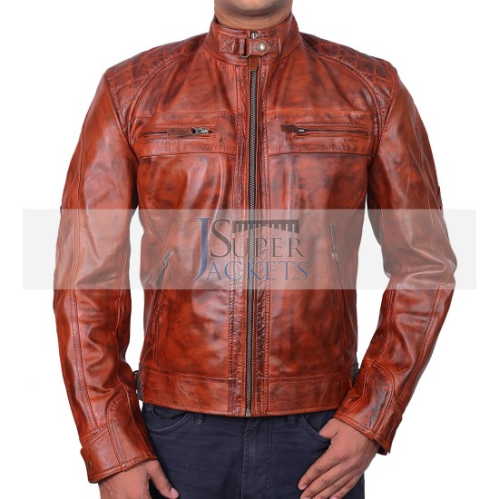 Classic Diamond Tan Cafe Racer Waxed Brown Rider Leather Jacket