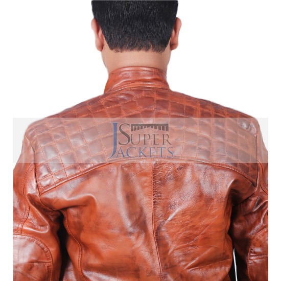 Classic Diamond Tan Cafe Racer Waxed Brown Rider Leather Jacket