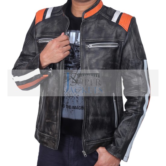 Retro Cafe Racer Classic Motorcycle Double Stripe Distressed Black Leather Jacket