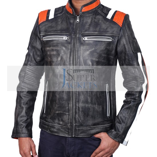 Retro Cafe Racer Classic Motorcycle Double Stripe Distressed Black Leather Jacket