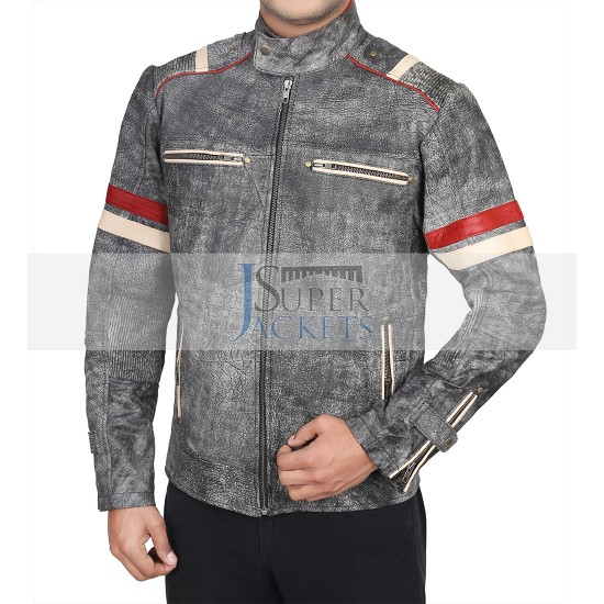 Men's Retro Grey Elephant textured Classic Biker Leather Jacket