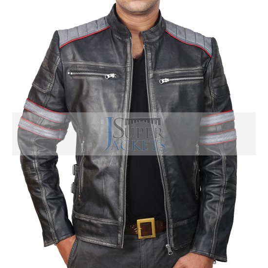 Retro Cafe Racer Classic Motorcycle Double Stripe Black Leather Jacket