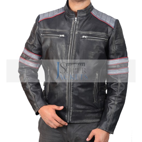 Retro Cafe Racer Classic Motorcycle Double Stripe Black Leather Jacket