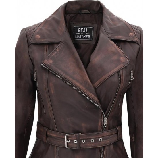 Womens Four Pocket Asymmetrical Distressed Brown Leather Biker Jacket
