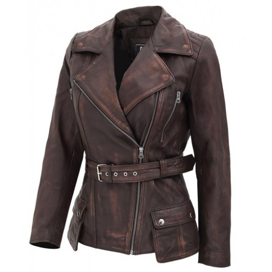Womens Four Pocket Asymmetrical Distressed Brown Leather Biker Jacket