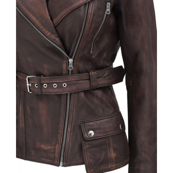 Womens Four Pocket Asymmetrical Distressed Brown Leather Biker Jacket