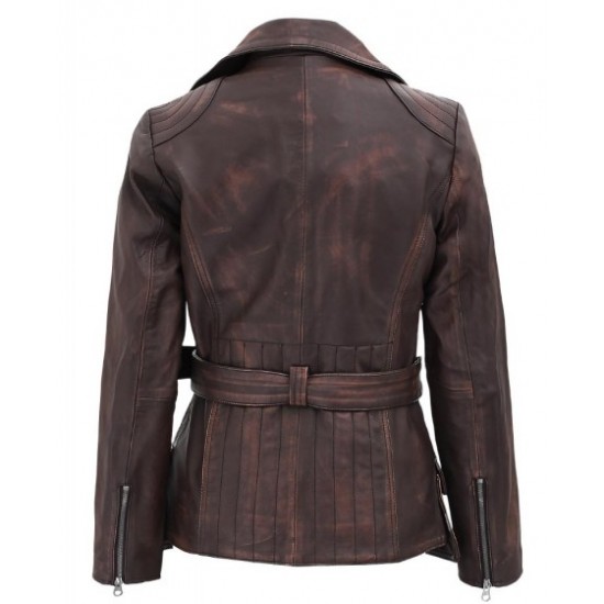 Womens Four Pocket Asymmetrical Distressed Brown Leather Biker Jacket