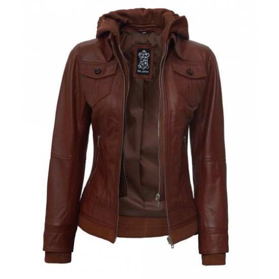 Tralee Brown Bomber Leather Jacket With Detachable Hood Tralee Brown Bomber Leather Jacket With Detachable Hood