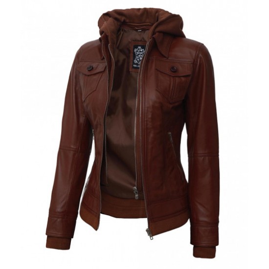 Tralee Brown Bomber Leather Jacket With Detachable Hood Tralee Brown Bomber Leather Jacket With Detachable Hood