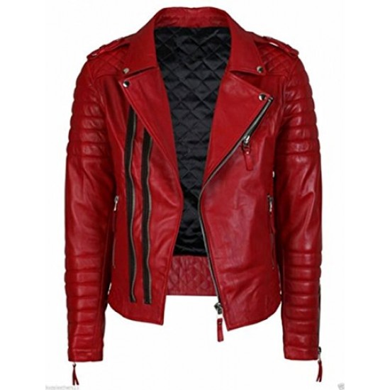 Men's Red Slim Fit Quilted Biker Leather Jacket Men's Red Slim Fit Quilted Biker Leather Jacket