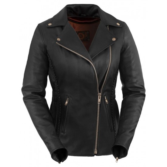 Womens Premium Braided Motorcycle Leather Jacket