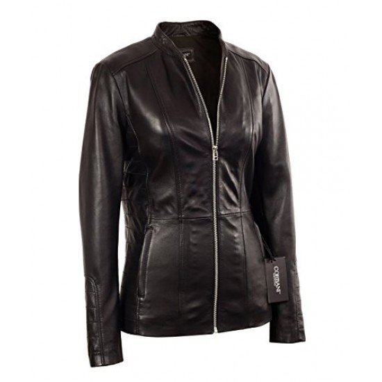 Womens Black Moto Mid Length Lambskin Real Leather Jacket 