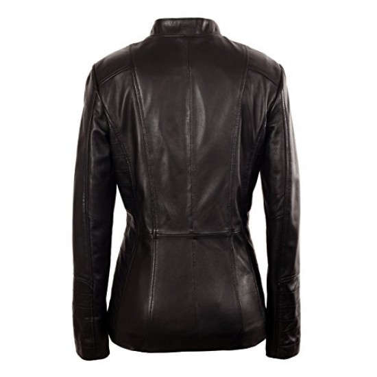 Womens Black Moto Mid Length Lambskin Real Leather Jacket 