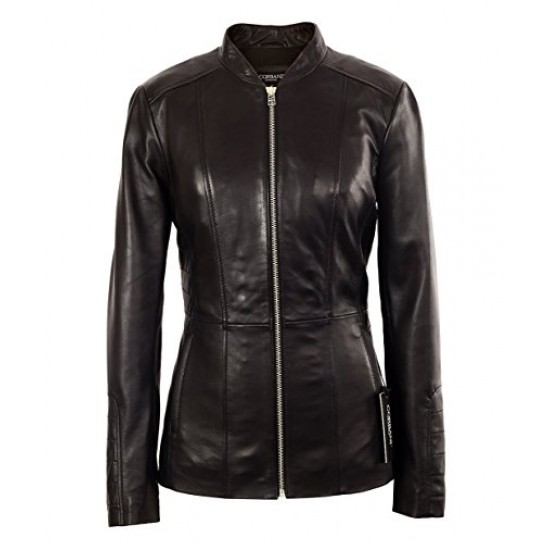 Womens Black Moto Mid Length Lambskin Real Leather Jacket 
