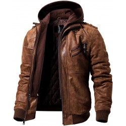Hooded Leather Jacket for Men - Brown Jacket