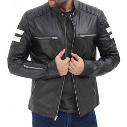 Café Racer Black Leather Jacket with Stripes