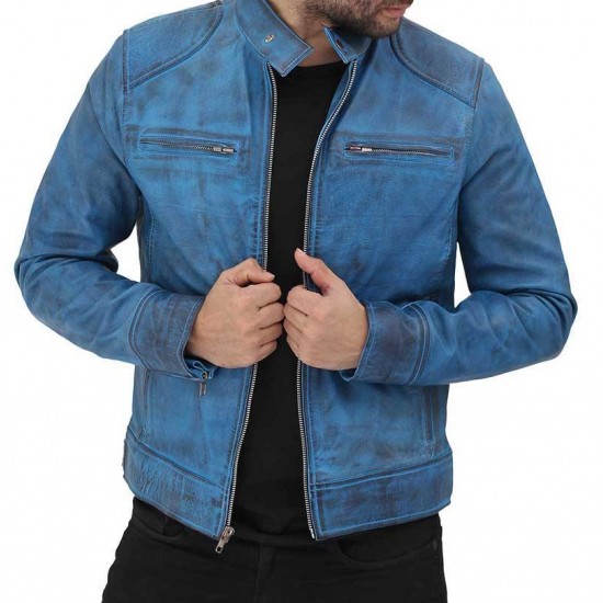 Men's Blue Café Racer Leather Jacket