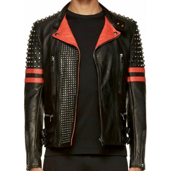 Men's Brando Studded Leather Jacket - Red Stripes Black