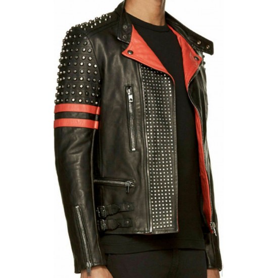 Men's Brando Studded Leather Jacket - Red Stripes Black