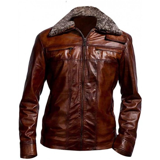 Men's Fur Collar Leather Jacket - Brown Biker Jacket Men's Fur Collar Leather Jacket - Brown Biker Jacket