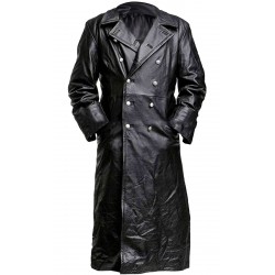 Army Officer Black Leather Coat - WW2 Military Trench Coat