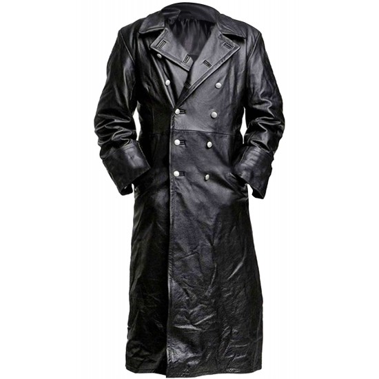 Army Officer Black Leather Coat - WW2 Military Trench Coat