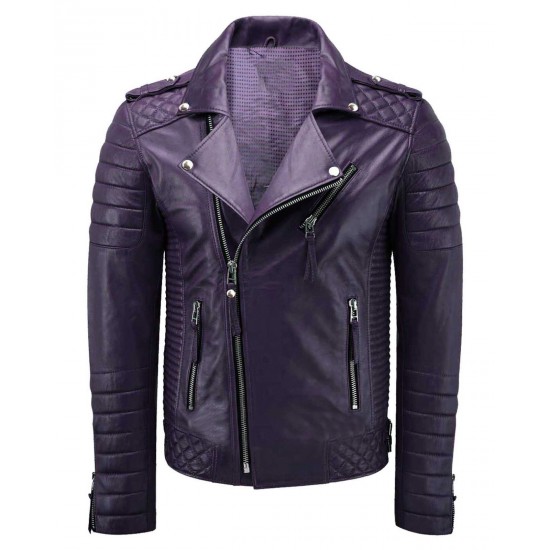 Slim Fit Brando Quilted Purple Leather Jacket for Men