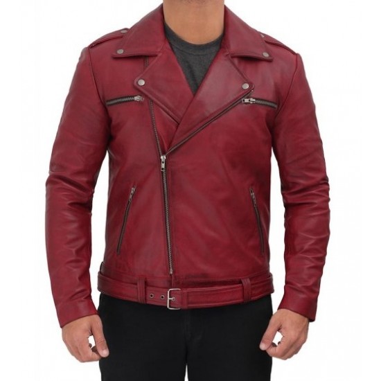 Men's Asymmetrical Maroon Leather Jacket