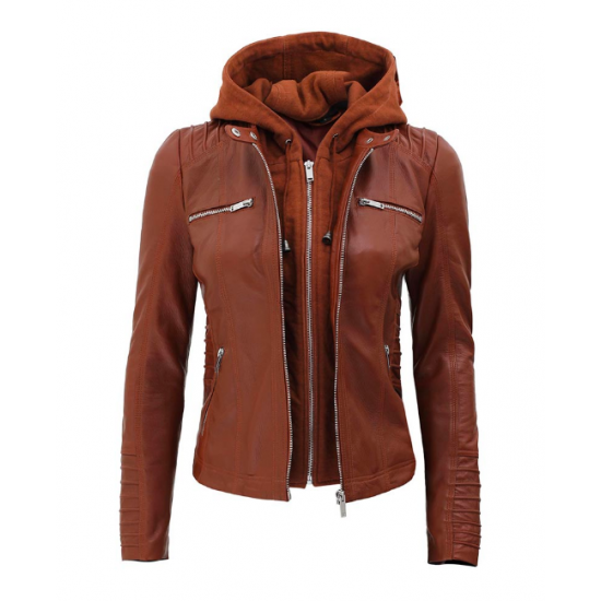 Brown Leather Jacket with Hood | Women's Motorcycle Jacket