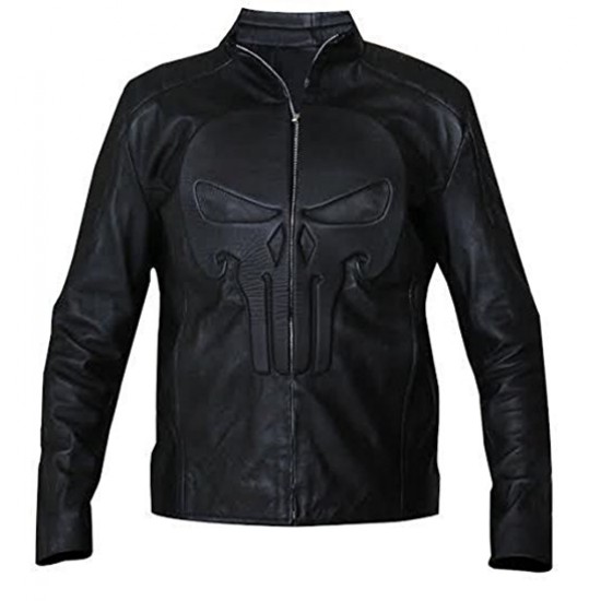 Punisher Embossed Men's Skull Emblem Black Biker Synthetic Jacket