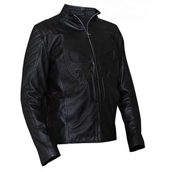 Punisher Embossed Men's Skull Emblem Black Biker Synthetic Jacket
