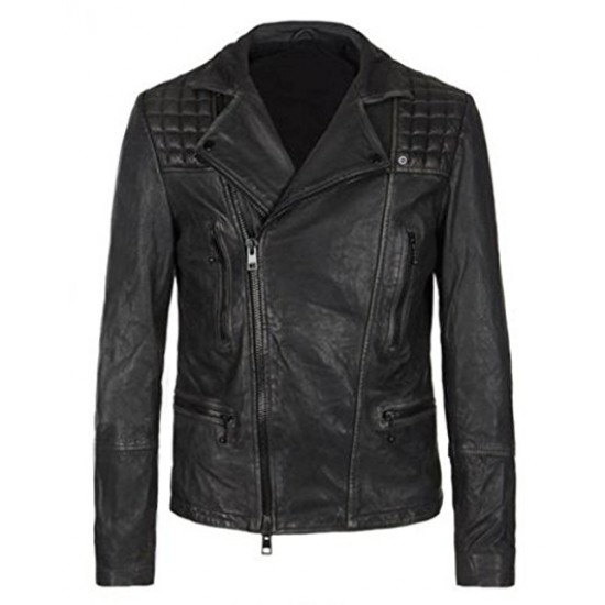 Asymmetrical Lapel Collar Brando Biker Leather Jacket