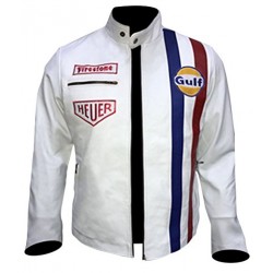Steve McQueen White Gulf Le Mans Biker Synthetic Leather Jacket