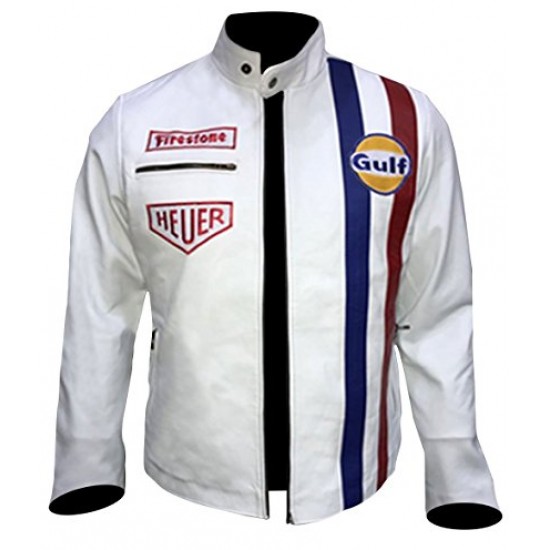 Steve McQueen White Gulf Le Mans Biker Synthetic Leather Jacket