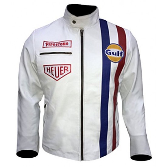 Steve McQueen White Gulf Le Mans Biker Synthetic Leather Jacket