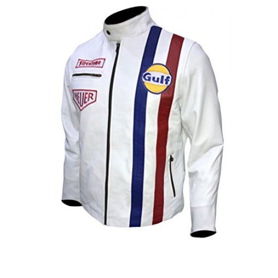 Steve McQueen White Gulf Le Mans Biker Synthetic Leather Jacket