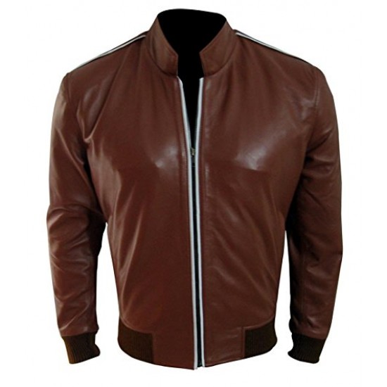 Jason Statham Men's Slimfit Brown Leather Bomber Jacket