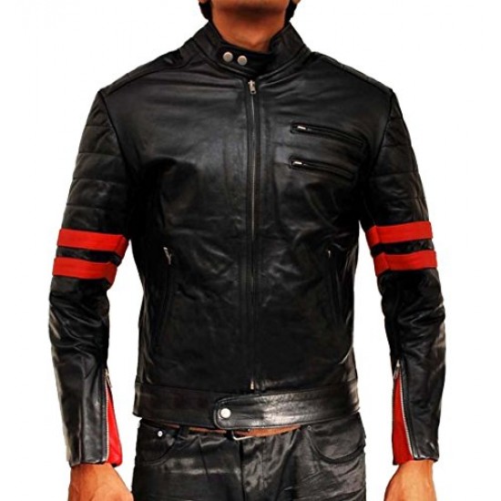 Red Stripes Fight Club Hybrid Mayhem Retro Motorcycle Faux Leather Jacket