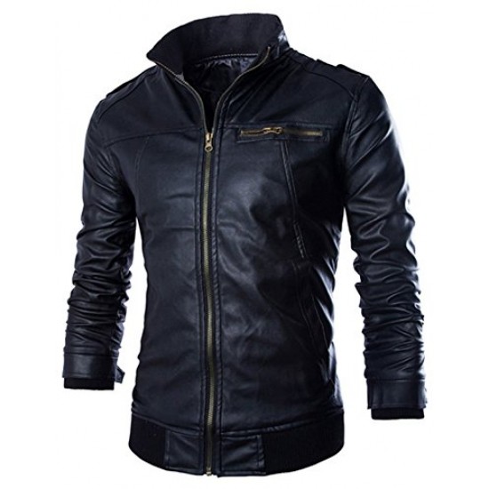 Men's Slim fit Black Marble Faux Leather Moto Bomber Jacket