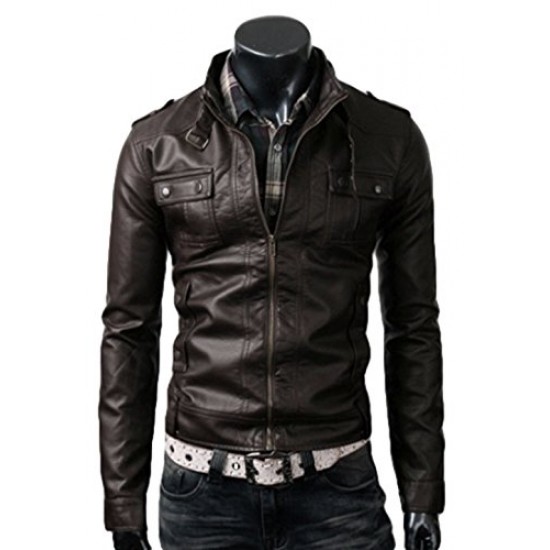 Strap Pocket Slim Fit Brown Leather Jacket