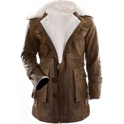 Bane White Fur Shearling Dark Knight Rises Winter Pea Trench Distressed Brown Leather Coat